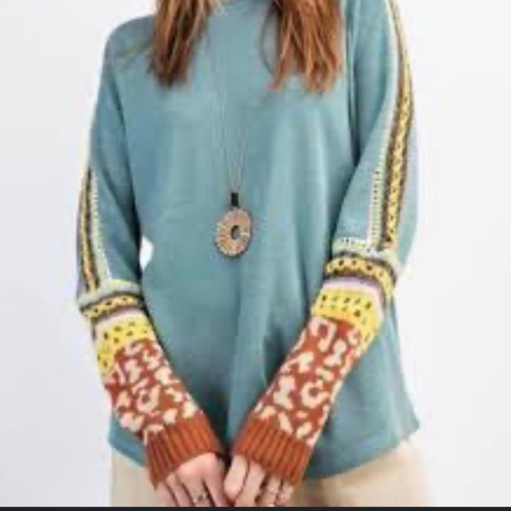 Easel sweater "Indiana Dunes" blue crochet mixed print knit sleeves size medium